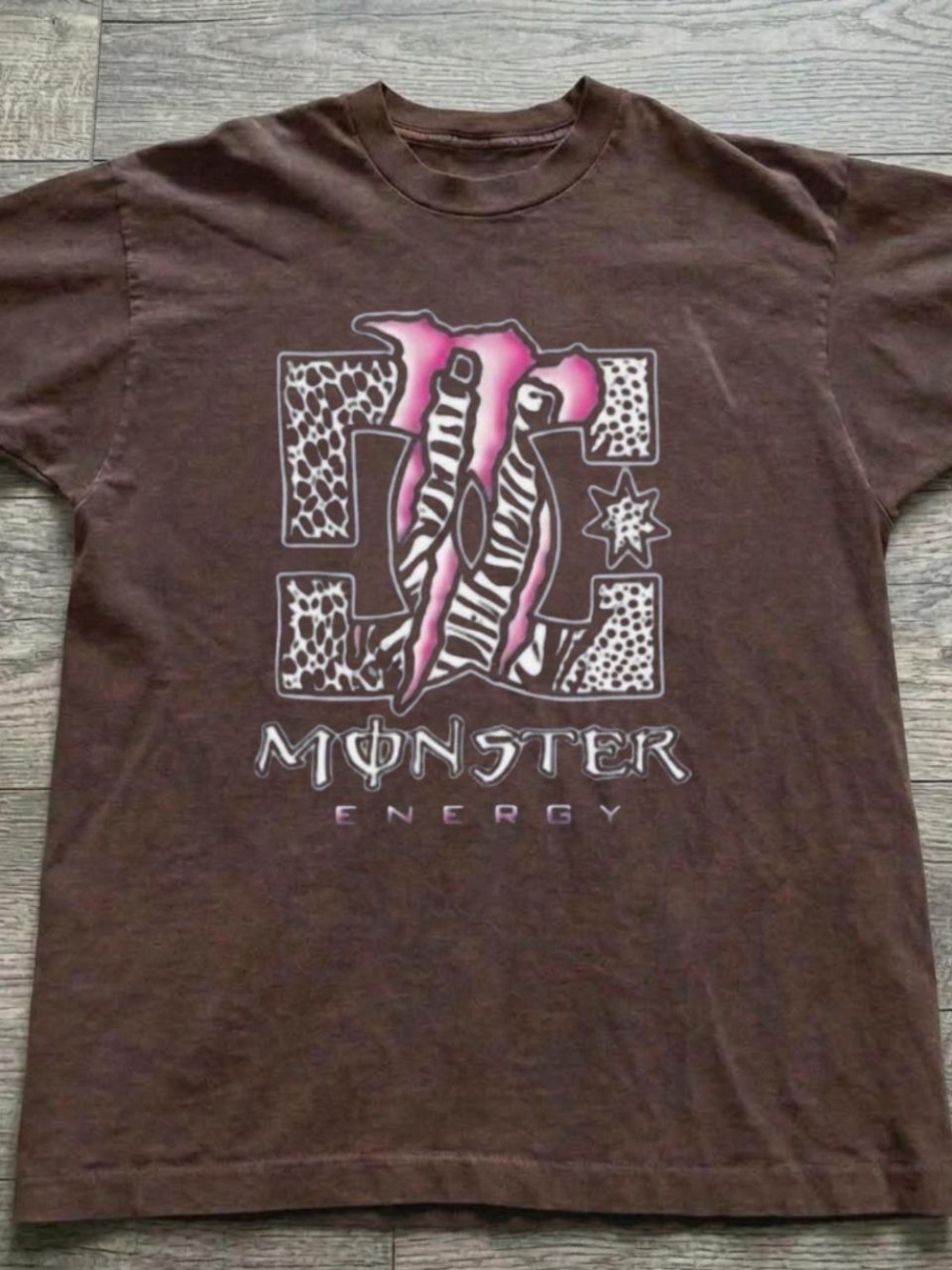 Gildan Brown Tee with Pink Monster Energy Graphic